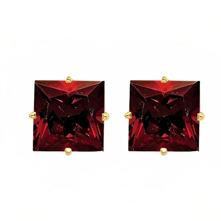 Paris Jewelry 18k Yellow Gold 2 Pair Created Garnet 6mm Round and Princess Cut Stud Earrings Plated Image 4