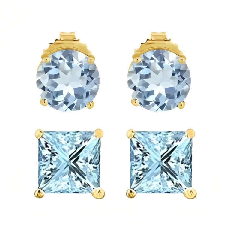 Paris Jewelry 18k Yellow Gold 2 Pair Created Aquamarine 6mm Round and Princess Cut Stud Earrings Plated Image 2