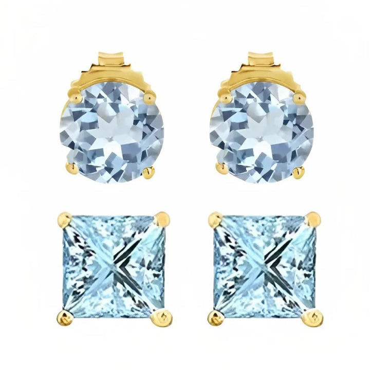 Paris Jewelry 18k Yellow Gold 2 Pair Created Aquamarine 6mm Round and Princess Cut Stud Earrings Plated Image 2