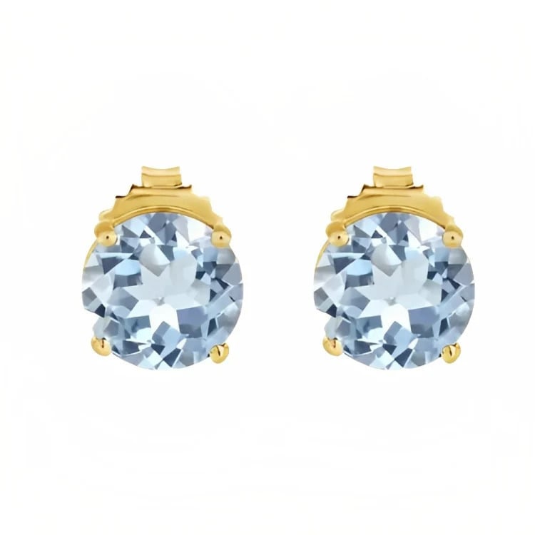 Paris Jewelry 18k Yellow Gold 2 Pair Created Aquamarine 6mm Round and Princess Cut Stud Earrings Plated Image 3