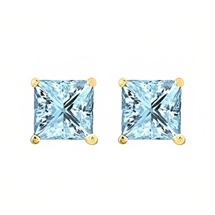 Paris Jewelry 18k Yellow Gold 2 Pair Created Aquamarine 6mm Round and Princess Cut Stud Earrings Plated Image 4