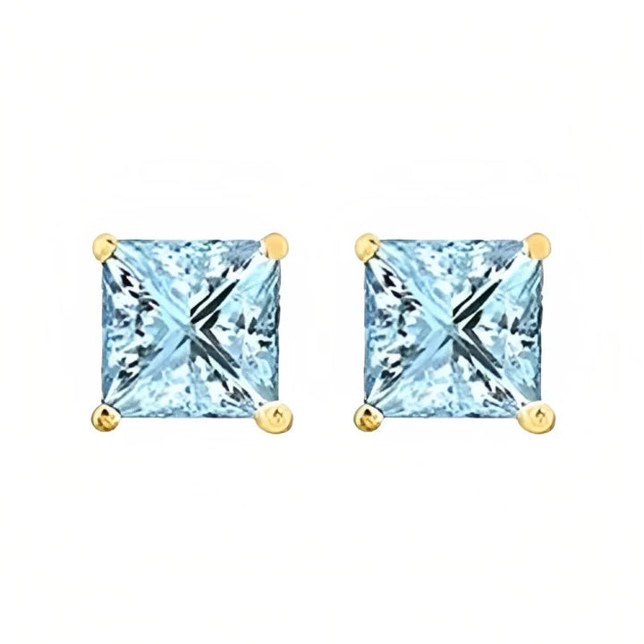 Paris Jewelry 18k Yellow Gold 2 Pair Created Aquamarine 6mm Round and Princess Cut Stud Earrings Plated Image 4