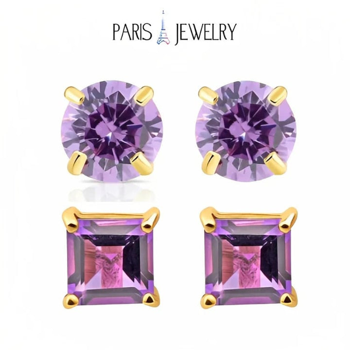 Paris Jewelry 18k Yellow Gold 2 Pair Created Amethyst 6mm Round and Princess Cut Stud Earrings Plated Image 1