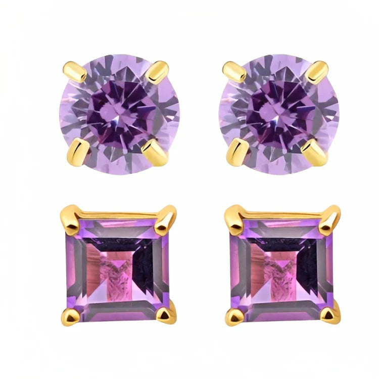 Paris Jewelry 18k Yellow Gold 2 Pair Created Amethyst 6mm Round and Princess Cut Stud Earrings Plated Image 2