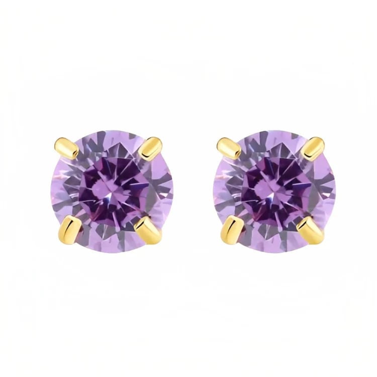 Paris Jewelry 18k Yellow Gold 2 Pair Created Amethyst 6mm Round and Princess Cut Stud Earrings Plated Image 3