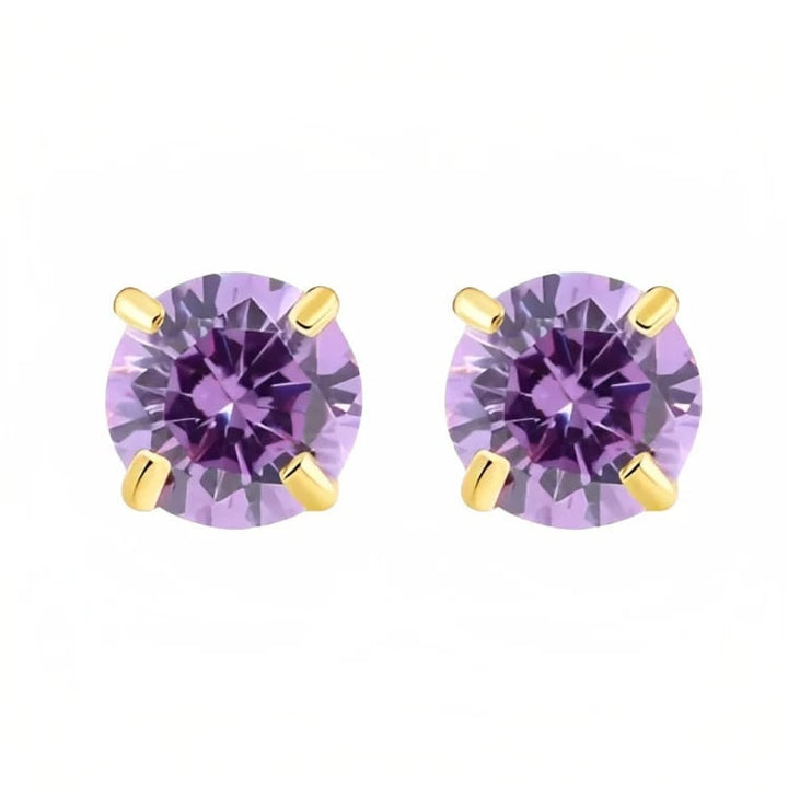 Paris Jewelry 18k Yellow Gold 2 Pair Created Amethyst 6mm Round and Princess Cut Stud Earrings Plated Image 3