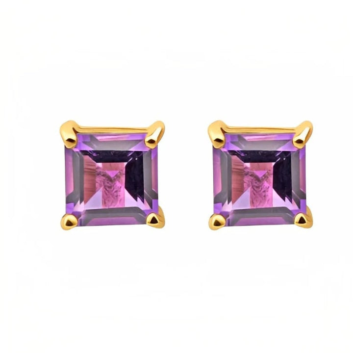 Paris Jewelry 18k Yellow Gold 2 Pair Created Amethyst 6mm Round and Princess Cut Stud Earrings Plated Image 4