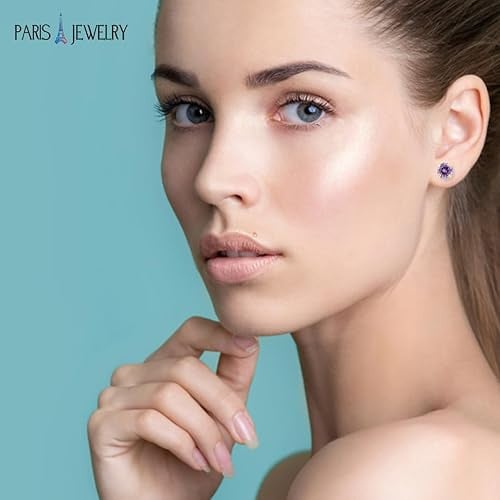 Paris Jewelry 18k Yellow Gold 2 Pair Created Amethyst 6mm Round and Princess Cut Stud Earrings Plated Image 6