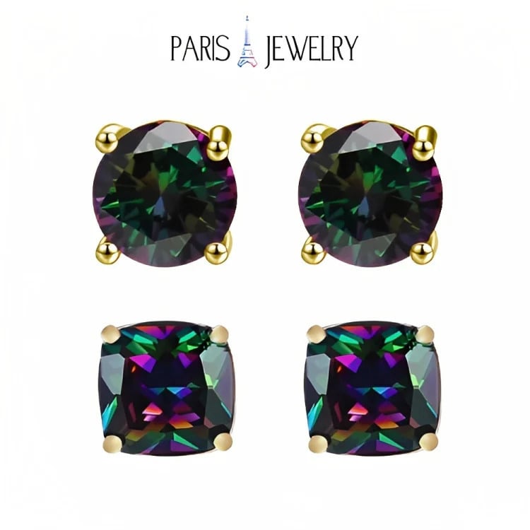 Paris Jewelry 18k Yellow Gold 2 Pair Created Mystic 6mm Round and Princess Cut Stud Earrings Plated Image 1