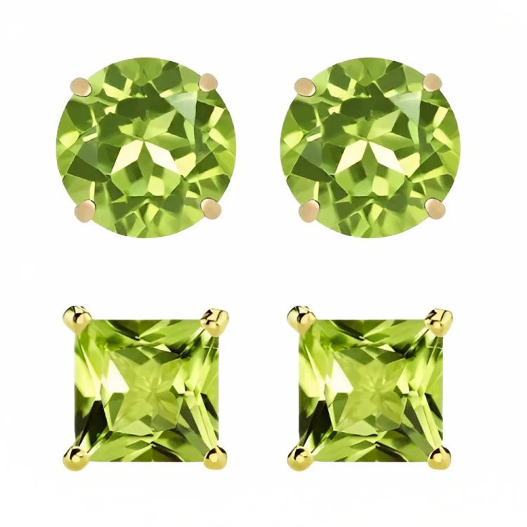 Paris Jewelry 18k Yellow Gold 2 Pair Created Peridot 6mm Round and Princess Cut Stud Earrings Plated Image 2