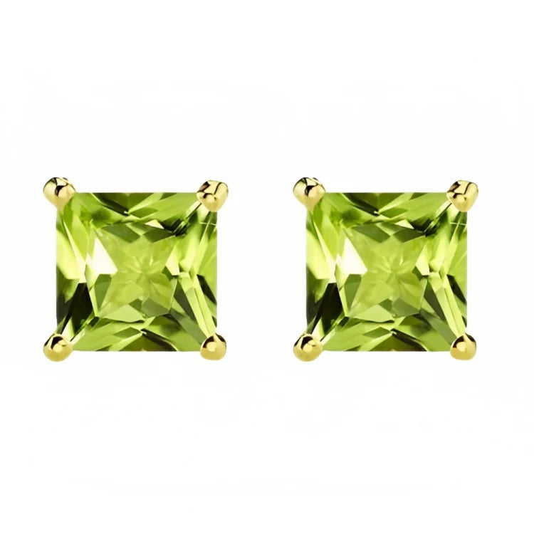 Paris Jewelry 18k Yellow Gold 2 Pair Created Peridot 6mm Round and Princess Cut Stud Earrings Plated Image 4