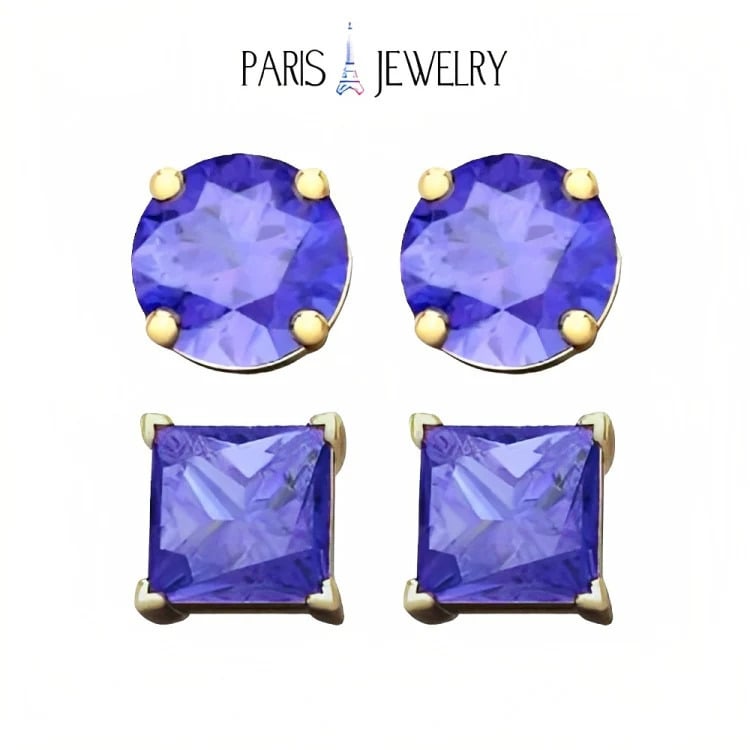 Paris Jewelry 18k Yellow Gold 2 Pair Created Tanzanite 6mm Round and Princess Cut Stud Earrings Plated Image 1