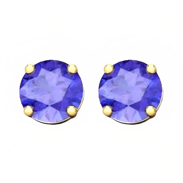 Paris Jewelry 18k Yellow Gold 2 Pair Created Tanzanite 6mm Round and Princess Cut Stud Earrings Plated Image 3