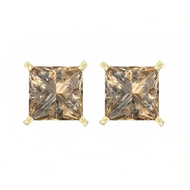 Paris Jewelry 18k Yellow Gold 2 Pair Created Champagne 6mm Round and Princess Cut Stud Earrings Plated Image 4