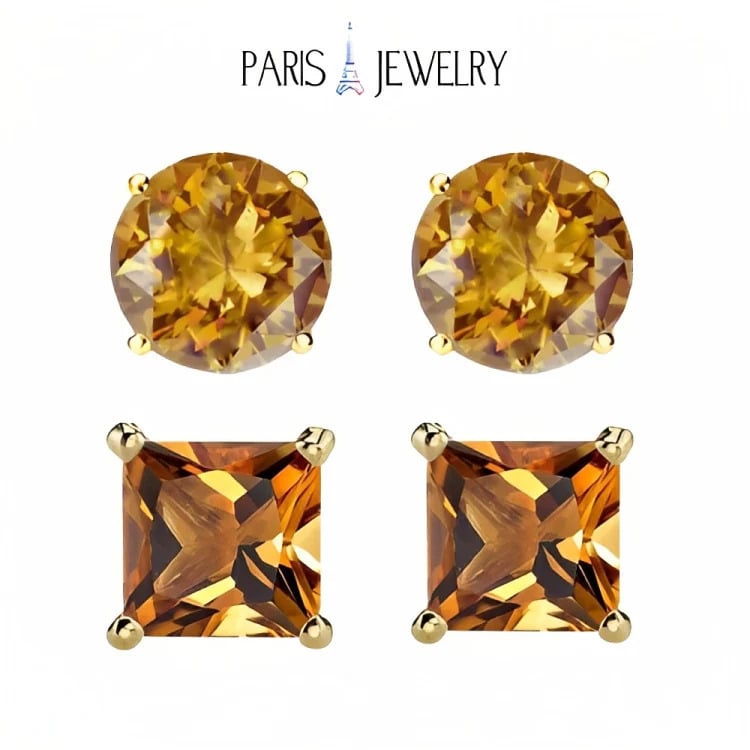 Paris Jewelry 18k Yellow Gold 2 Pair Created Citrine 6mm Round and Princess Cut Stud Earrings Plated Image 1