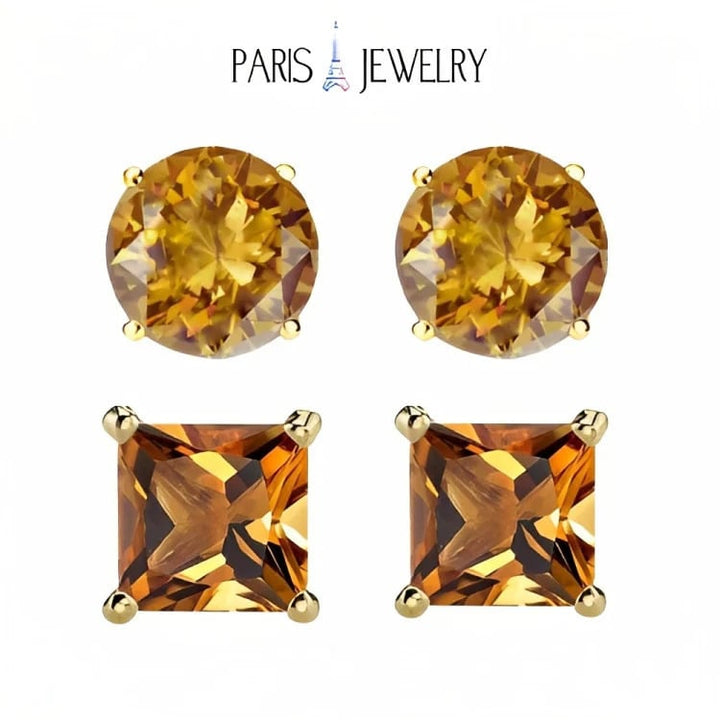 Paris Jewelry 18k Yellow Gold 2 Pair Created Citrine 6mm Round and Princess Cut Stud Earrings Plated Image 1