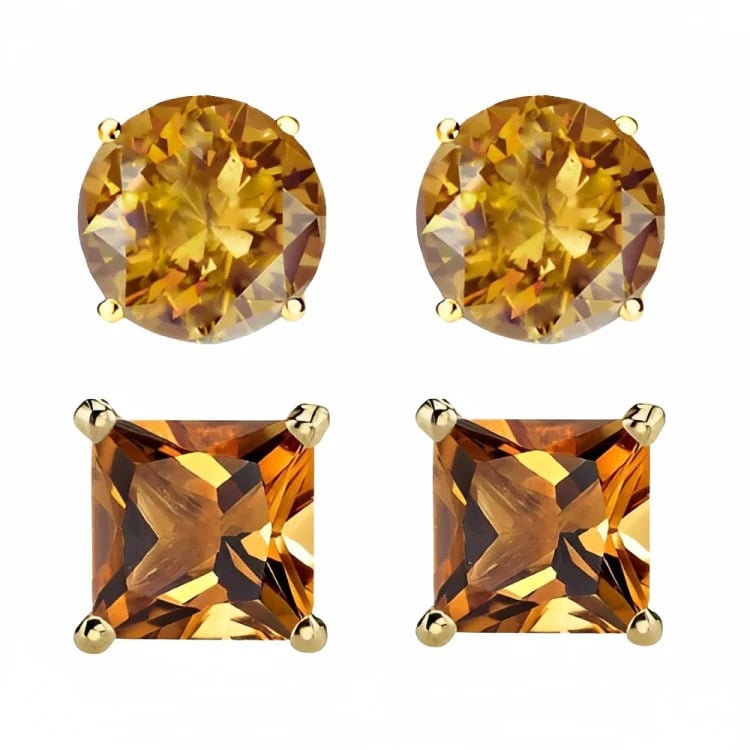 Paris Jewelry 18k Yellow Gold 2 Pair Created Citrine 6mm Round and Princess Cut Stud Earrings Plated Image 2