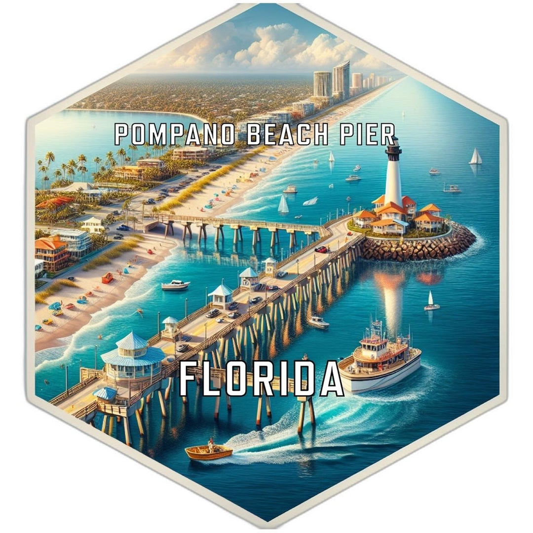 Pompano Beach Pier Florida Souvenir Travel Destination Die Cut Hexagon Fridge Magnet Image 1