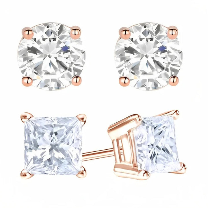 Paris Jewelry 18k Rose Gold 2 Pair Created White Sapphire 6mm Round and Princess Cut Stud Earrings Plated Image 2