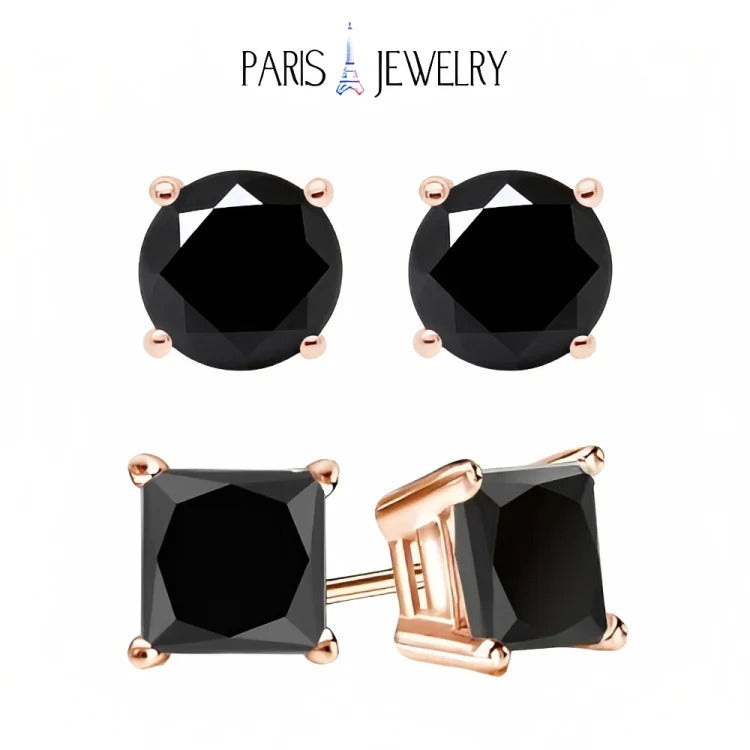 Paris Jewelry 18k Rose Gold 2 Pair Created Black Sapphire 6mm Round and Princess Cut Stud Earrings Plated Image 1