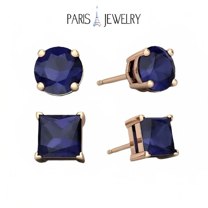 Paris Jewelry 18k Rose Gold 2 Pair Created Blue Sapphire 6mm Round and Princess Cut Stud Earrings Plated Image 1