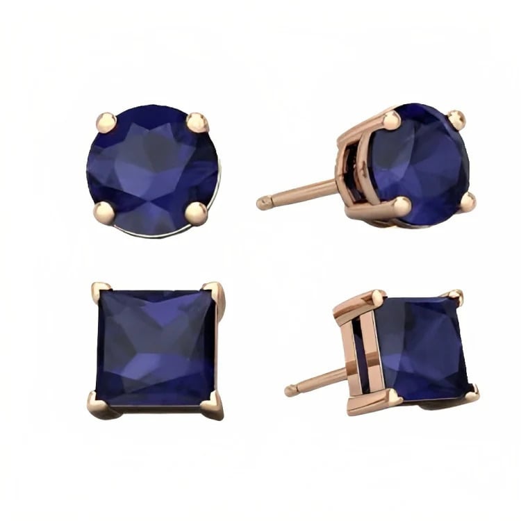 Paris Jewelry 18k Rose Gold 2 Pair Created Blue Sapphire 6mm Round and Princess Cut Stud Earrings Plated Image 2