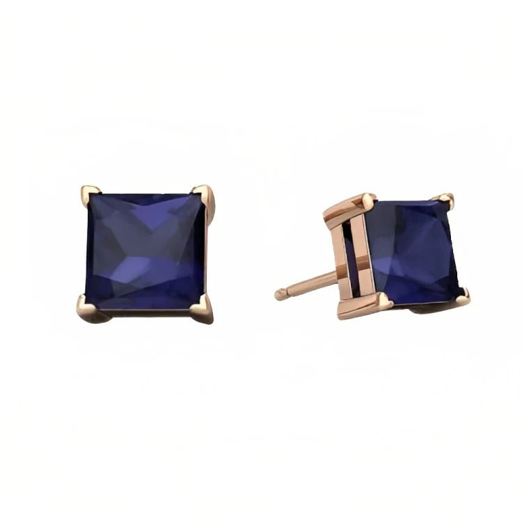 Paris Jewelry 18k Rose Gold 2 Pair Created Blue Sapphire 6mm Round and Princess Cut Stud Earrings Plated Image 4