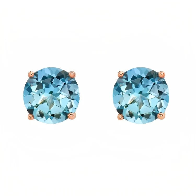 Paris Jewelry 18k Rose Gold 2 Pair Created Blue Topaz 6mm Round and Princess Cut Stud Earrings Plated Image 3