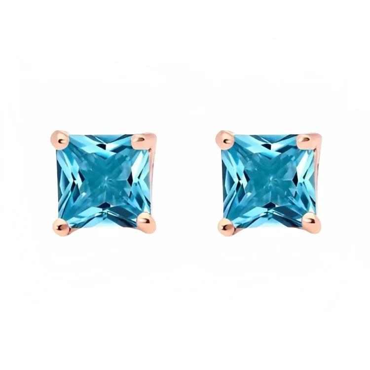 Paris Jewelry 18k Rose Gold 2 Pair Created Blue Topaz 6mm Round and Princess Cut Stud Earrings Plated Image 4