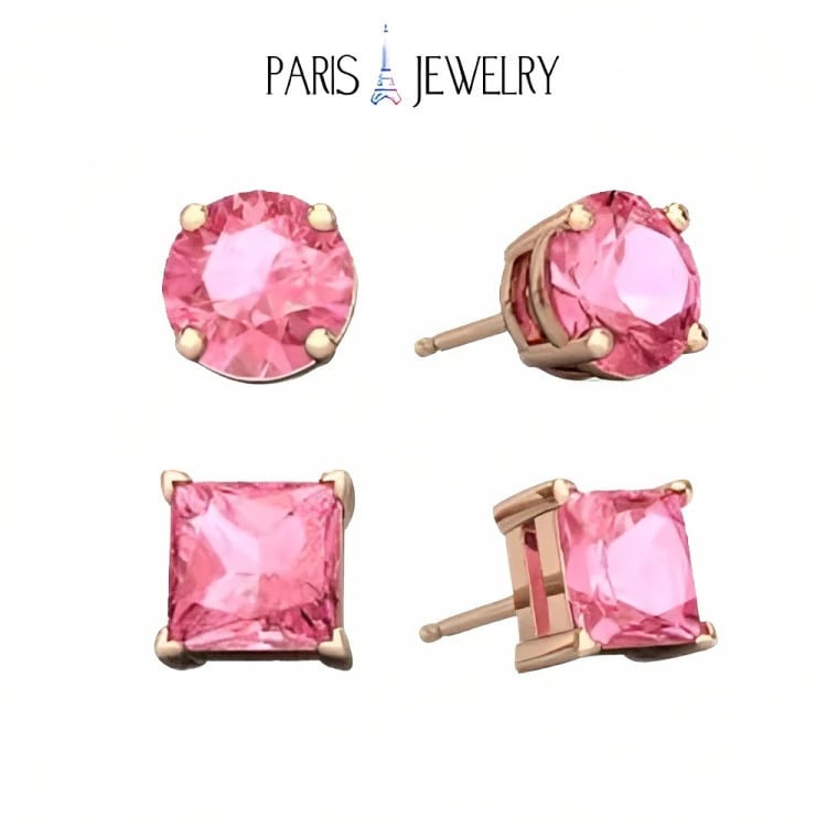 Paris Jewelry 18k Rose Gold 2 Pair Created Pink Sapphire 6mm Round and Princess Cut Stud Earrings Plated Image 1