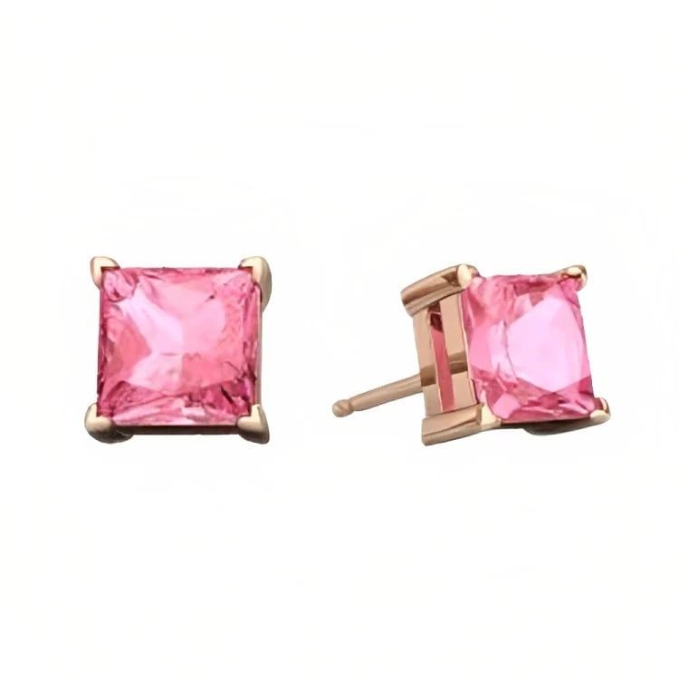 Paris Jewelry 18k Rose Gold 2 Pair Created Pink Sapphire 6mm Round and Princess Cut Stud Earrings Plated Image 4