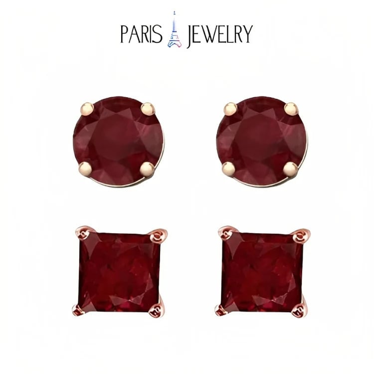 Paris Jewelry 18k Rose Gold 2 Pair Created Ruby 6mm Round and Princess Cut Stud Earrings Plated Image 1