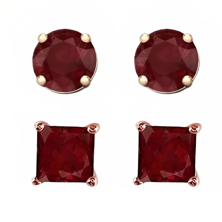 Paris Jewelry 18k Rose Gold 2 Pair Created Ruby 6mm Round and Princess Cut Stud Earrings Plated Image 2