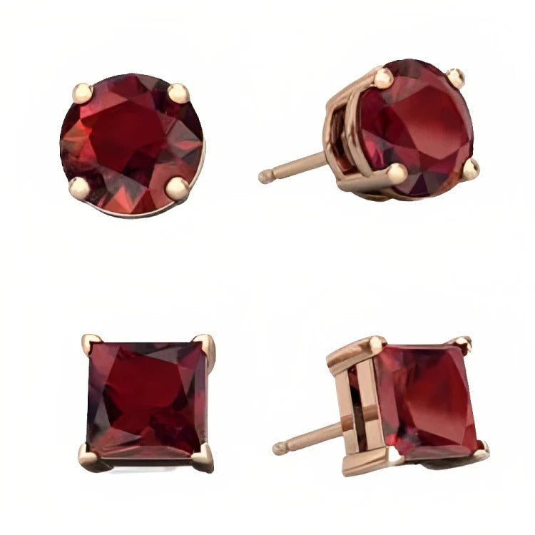 Paris Jewelry 18k Rose Gold 2 Pair Created Garnet 6mm Round and Princess Cut Stud Earrings Plated Image 2