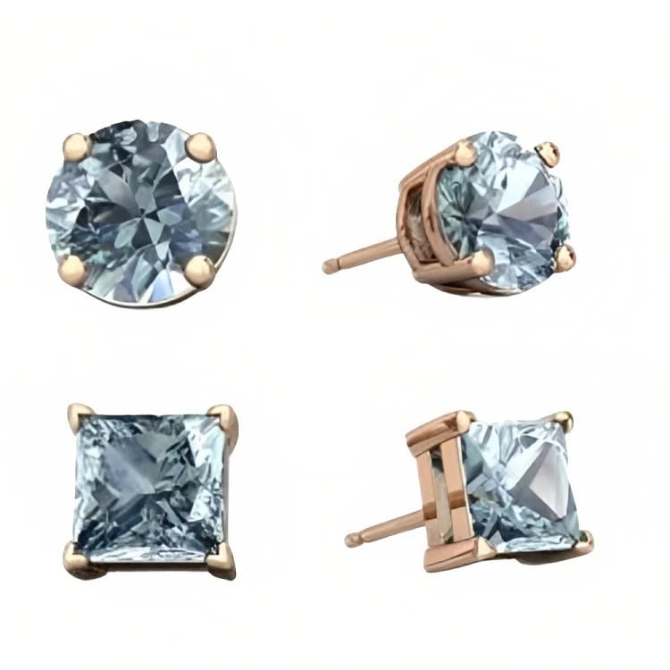 Paris Jewelry 18k Rose Gold 2 Pair Created Aquamarine 6mm Round and Princess Cut Stud Earrings Plated Image 2