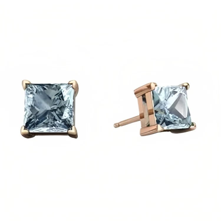 Paris Jewelry 18k Rose Gold 2 Pair Created Aquamarine 6mm Round and Princess Cut Stud Earrings Plated Image 3