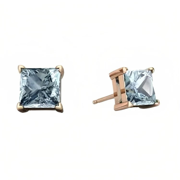 Paris Jewelry 18k Rose Gold 2 Pair Created Aquamarine 6mm Round and Princess Cut Stud Earrings Plated Image 3