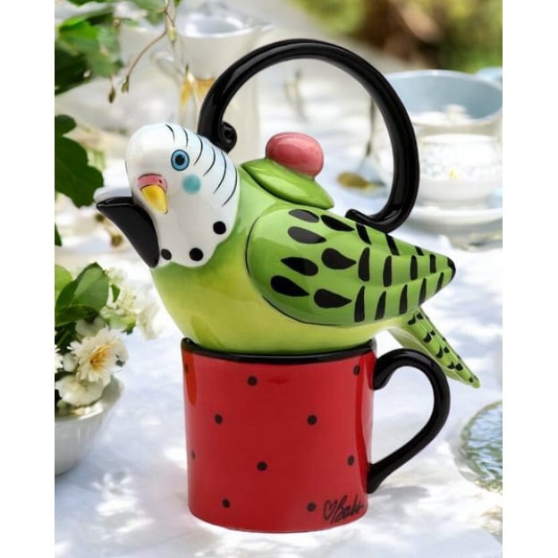 Ceramic Green Parakeet Bird Tea for One Afternoon Tea Party Bird Watcher Gift, Image 1