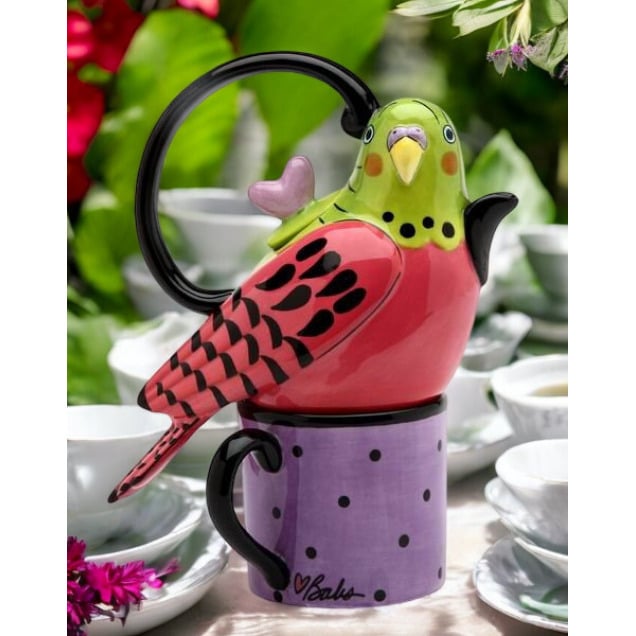 Ceramic Pink Parakeet Bird Tea for One Afternoon Tea Party Bird Watcher Gift, Image 1