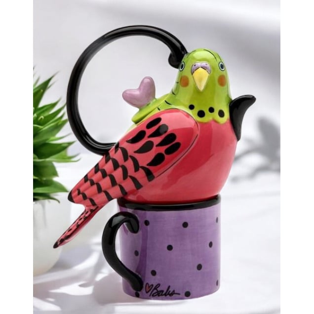 Ceramic Pink Parakeet Bird Tea for One Afternoon Tea Party Bird Watcher Gift, Image 2