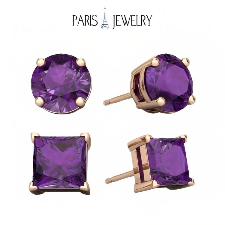 Paris Jewelry 18k Rose Gold 2 Pair Created Amethyst 4mm Round and Princess Cut Stud Earrings Plated Image 1