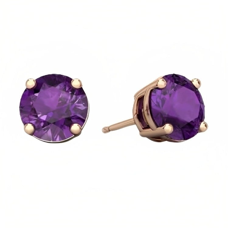 Paris Jewelry 18k Rose Gold 2 Pair Created Amethyst 4mm Round and Princess Cut Stud Earrings Plated Image 2