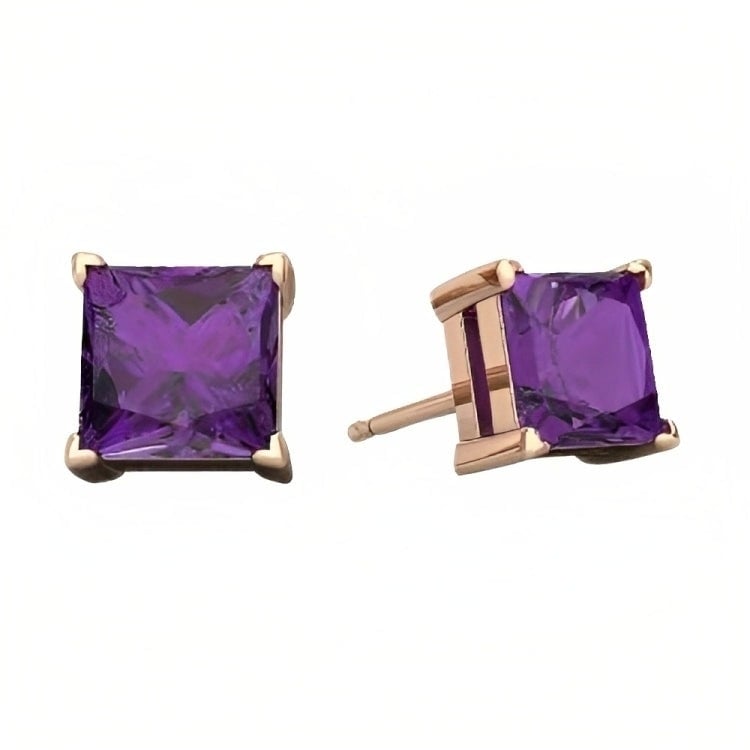 Paris Jewelry 18k Rose Gold 2 Pair Created Amethyst 4mm Round and Princess Cut Stud Earrings Plated Image 3