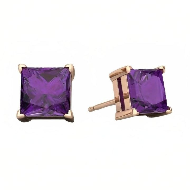 Paris Jewelry 18k Rose Gold 2 Pair Created Amethyst 4mm Round and Princess Cut Stud Earrings Plated Image 3