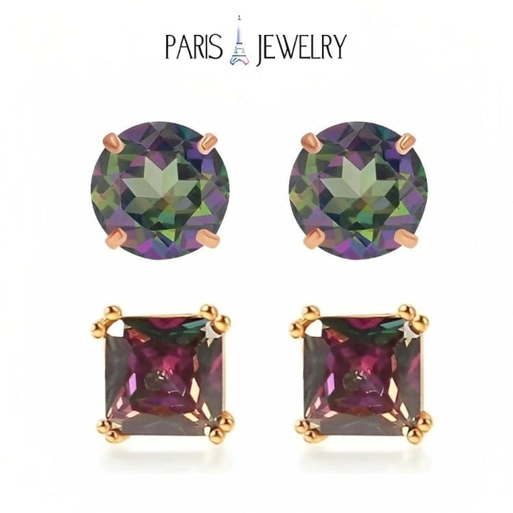 Paris Jewelry 18k Rose Gold 2 Pair Created Mystic 4mm Round and Princess Cut Stud Earrings Plated Image 1