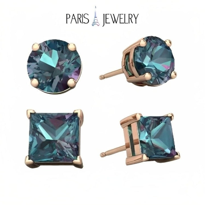 Paris Jewelry 18k Rose Gold 2 Pair Created Alexandrite 4mm Round and Princess Cut Stud Earrings Plated Image 1