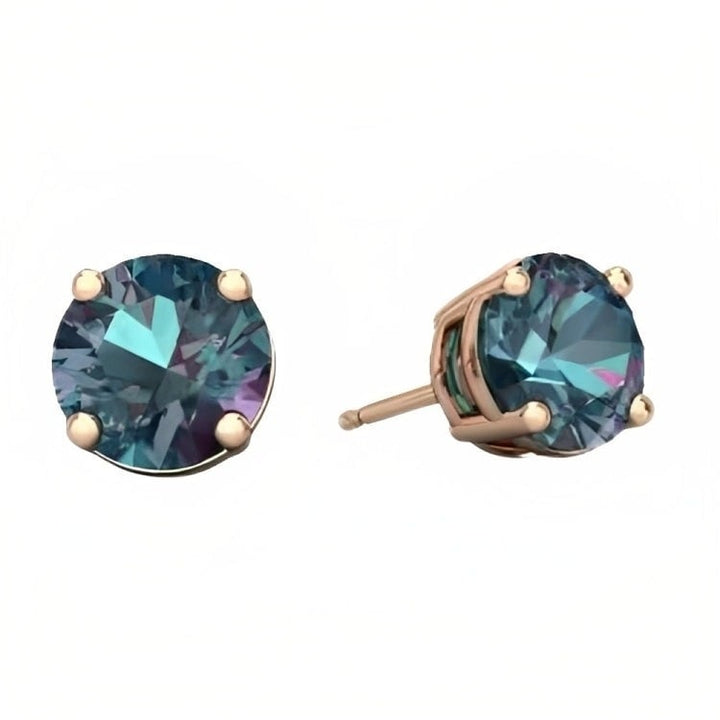 Paris Jewelry 18k Rose Gold 2 Pair Created Alexandrite 4mm Round and Princess Cut Stud Earrings Plated Image 2