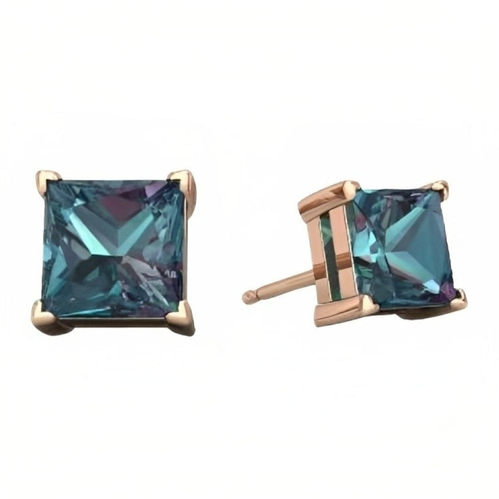 Paris Jewelry 18k Rose Gold 2 Pair Created Alexandrite 4mm Round and Princess Cut Stud Earrings Plated Image 3