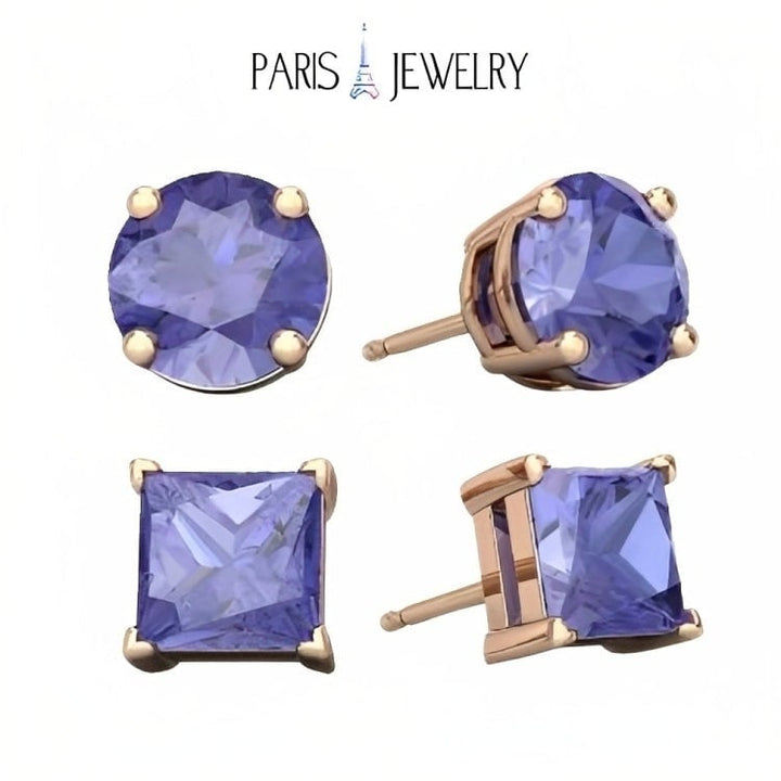 Paris Jewelry 18k Rose Gold 2 Pair Created Tanzanite 4mm Round and Princess Cut Stud Earrings Plated Image 1