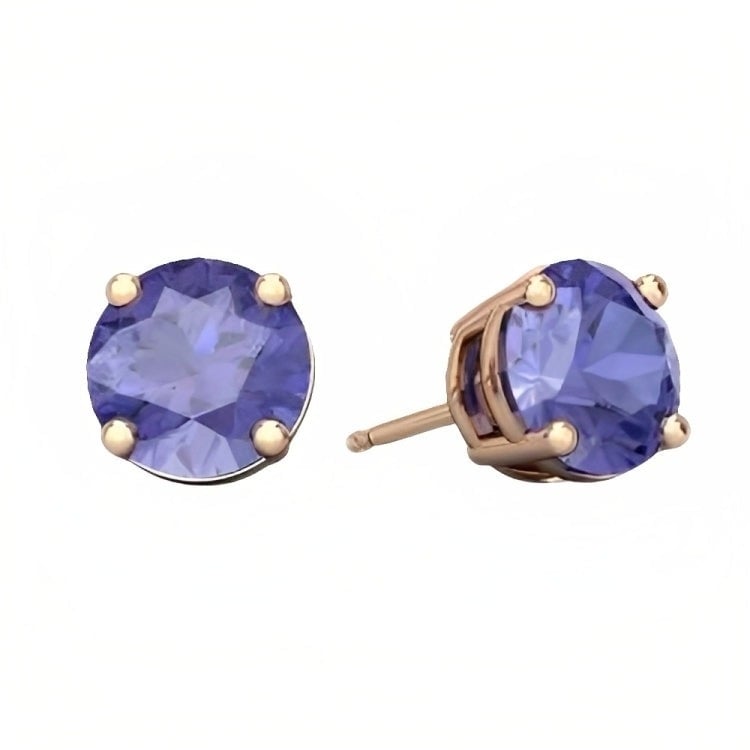 Paris Jewelry 18k Rose Gold 2 Pair Created Tanzanite 4mm Round and Princess Cut Stud Earrings Plated Image 2